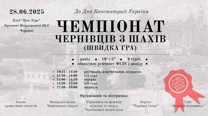 28 червня у Чернівцях відбудеться Чемпіонат міста  з швидких шахів